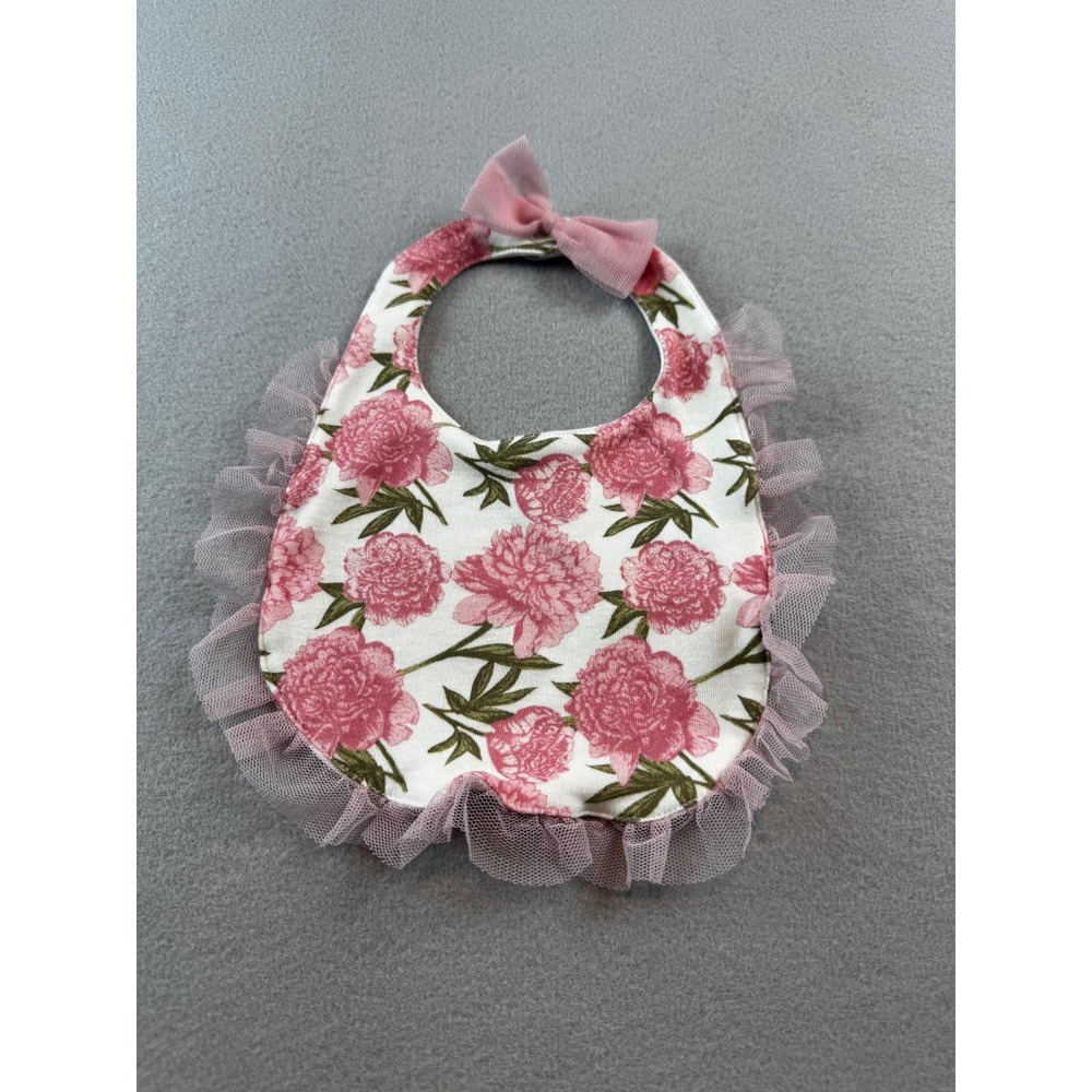 Nicole Miller New York Baby Bib Pink Floral Peony Tulle Ruffle Bow 6-9M RN126160